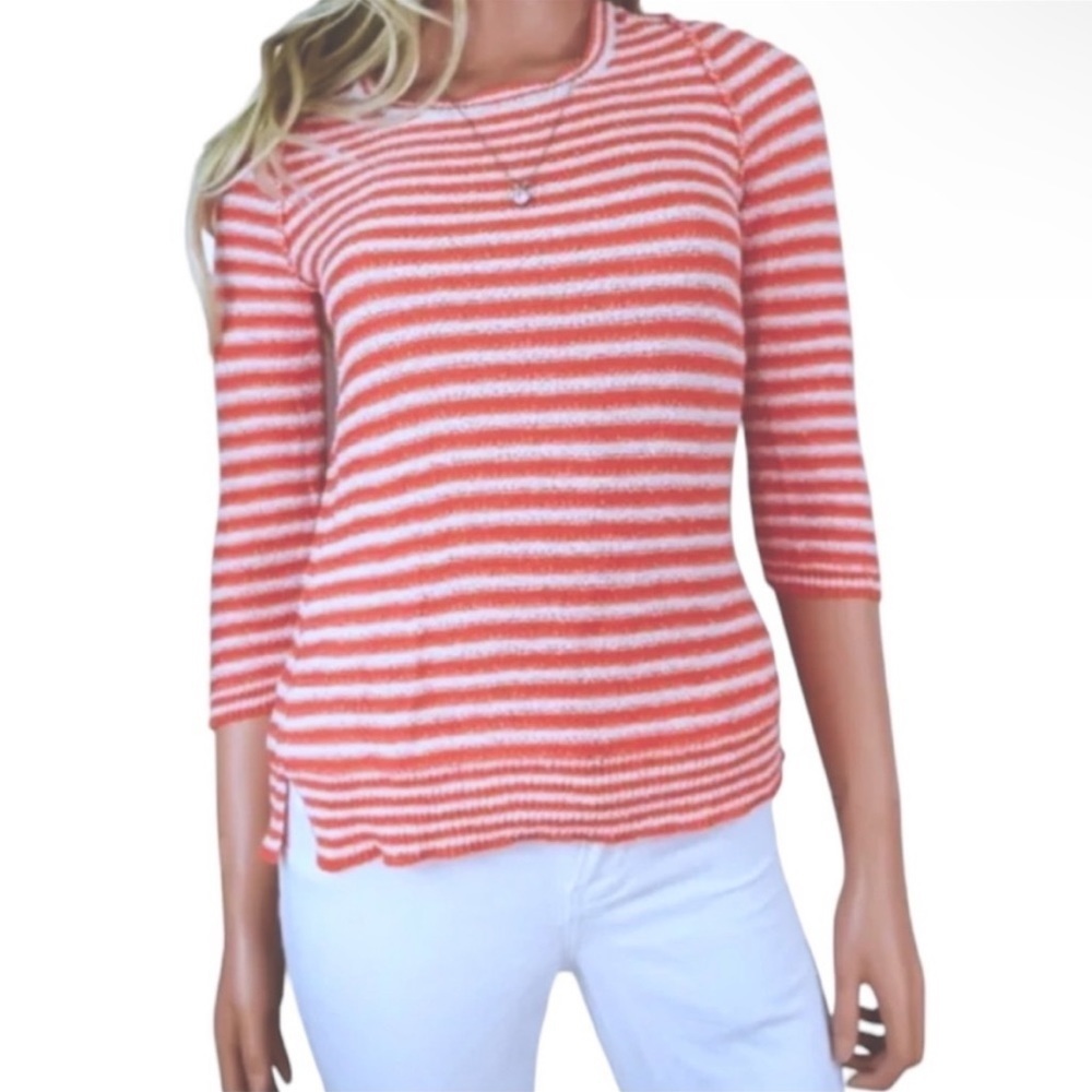 Anthropologie Nautical Top Small Striped 3/4 Sleeves Wide Neck Split Hem NWT